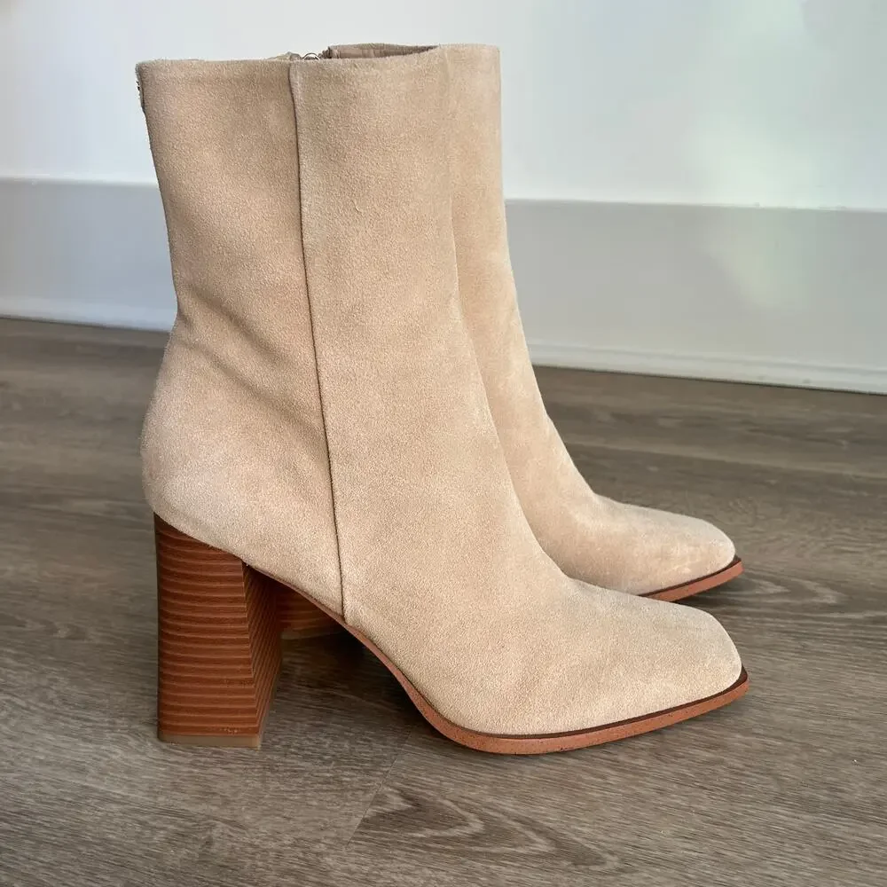 Sam Edelman Ivette Suede Ankle Booties Sesame Square Toe‎ Block Heel Size 9